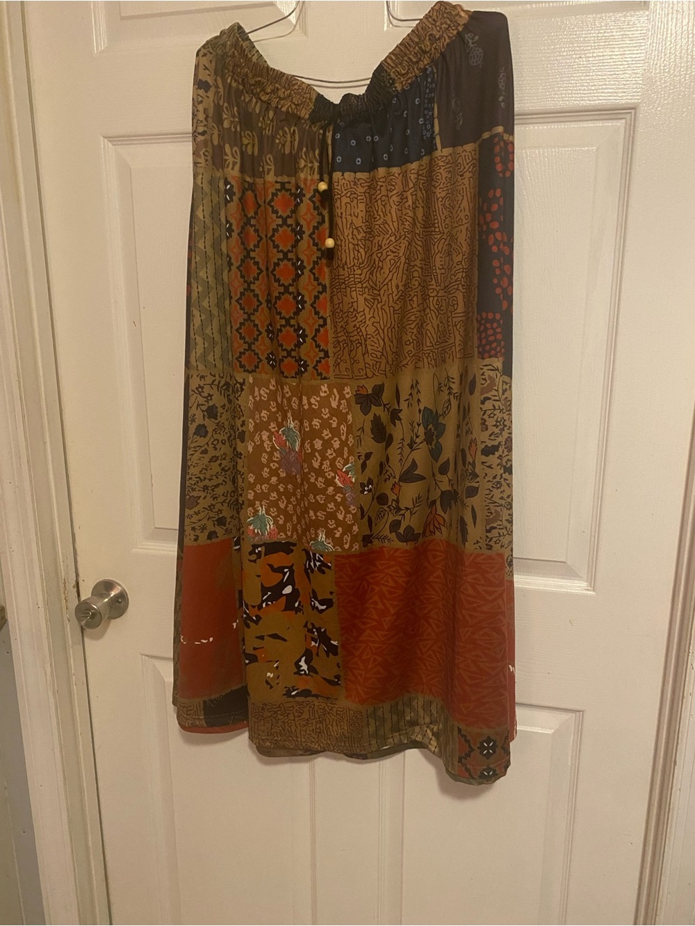 Boho Patchwork Midi Skirt in Brown and Rust